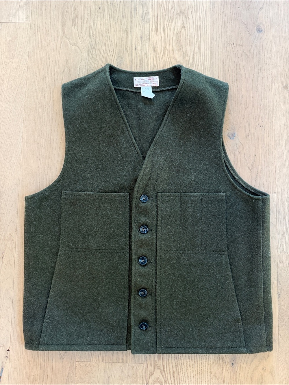 Vintage Filson Mackinaw Wool Vest Style 20 Olive Green Size 44 Made in USA